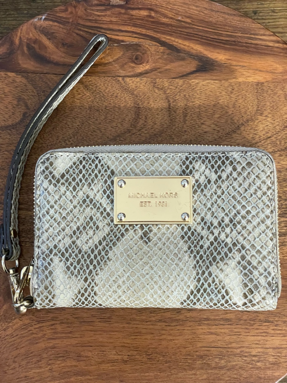 MICHAEL KORS Grey & Beige Snakeskin Embossed Zip Around Compact Wristlet Wallet